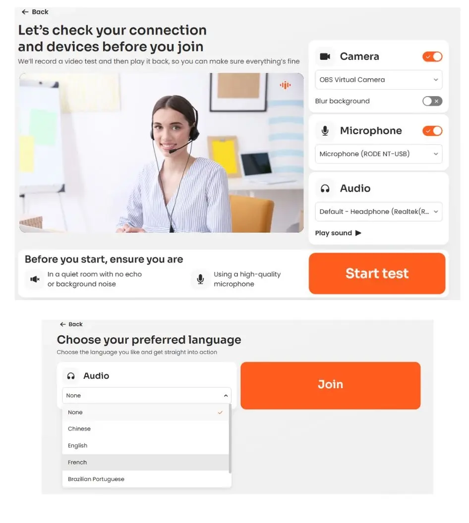 How can I test how I look and sound before joining a session?